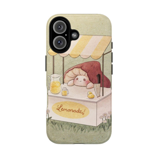 Colorful phone case featuring a mushroom and lemonade design in a cottagecore style