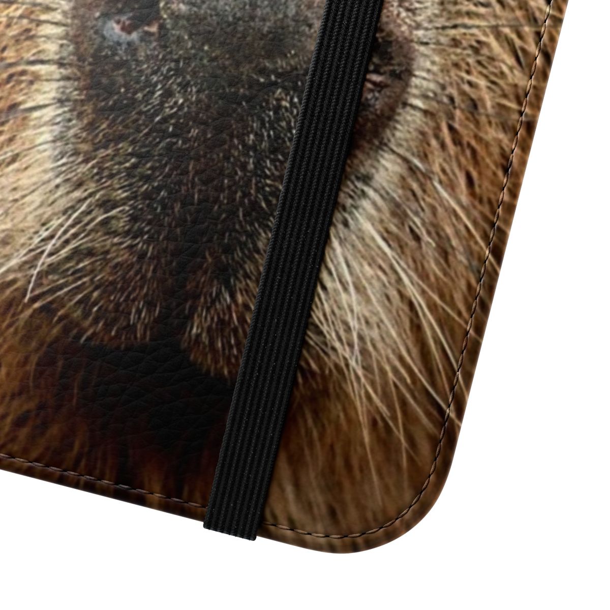 Whimsical portrait of a cute and charismatic capybara on a flip cover phone case - Close Up