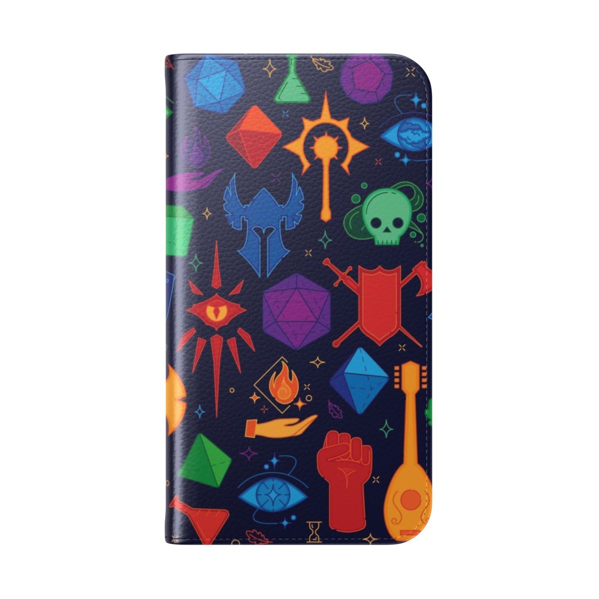 Colorful fantasy-themed phone flip cover case inspired by the Dungeons & Dragons role-playing game - Folded Back