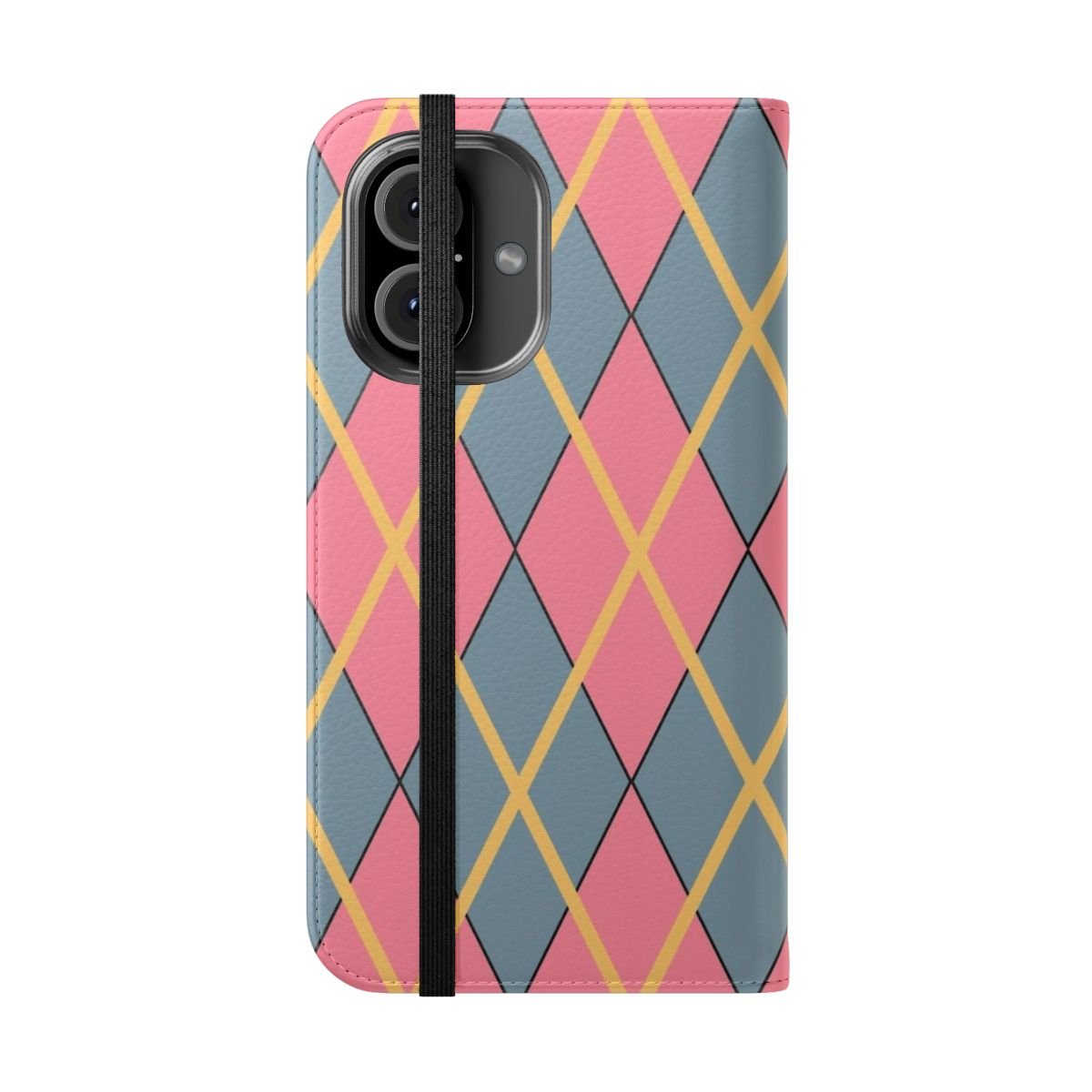 Whimsical argyle-patterned flip cover phone case with large print design, inspired by the Studio Ghibli film Howl's Moving Castle. - Folded Front