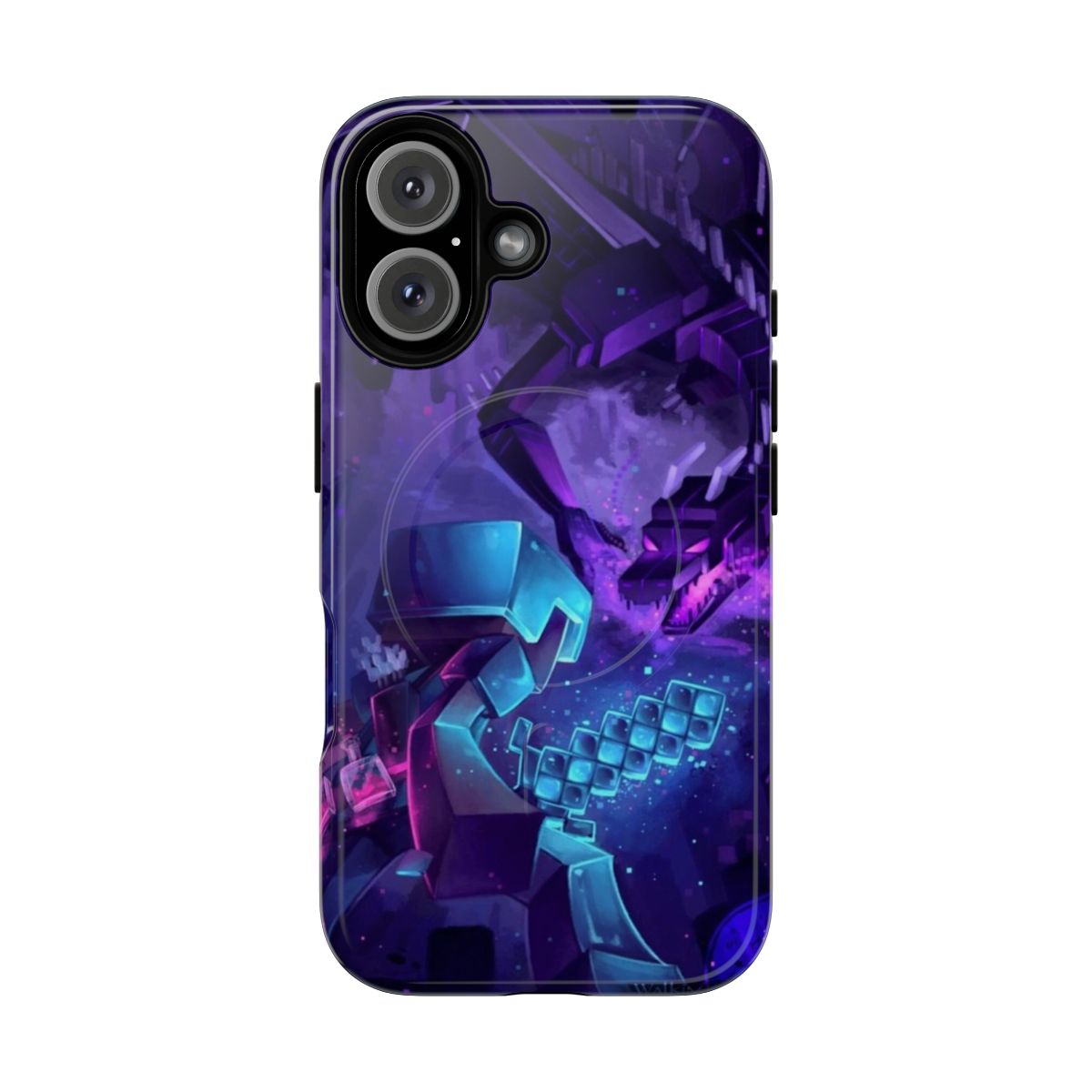 Artistic phone case featuring a dramatic battle scene between a player and the Minecraft Enderdragon