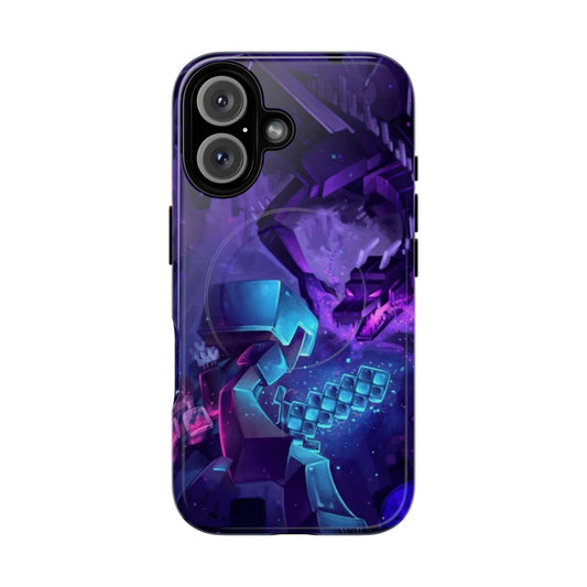 Artistic phone case featuring a dramatic battle scene between a player and the Minecraft Enderdragon