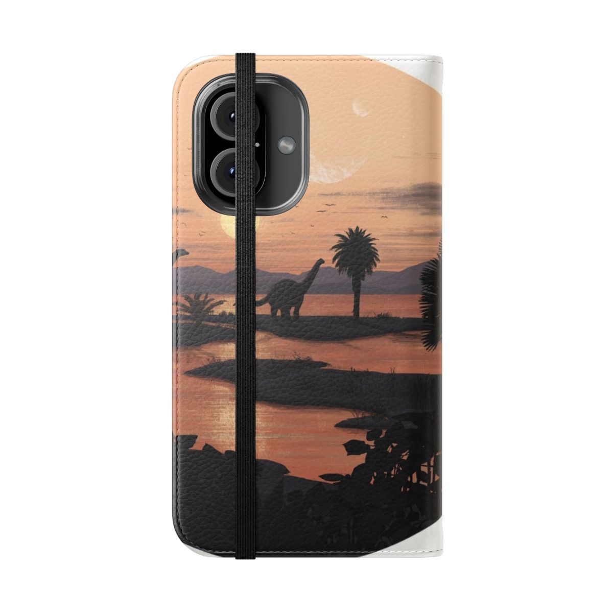 Colorful phone case featuring a Jurassic-inspired beach landscape with dinosaurs, sun, and ocean. - Folded Front