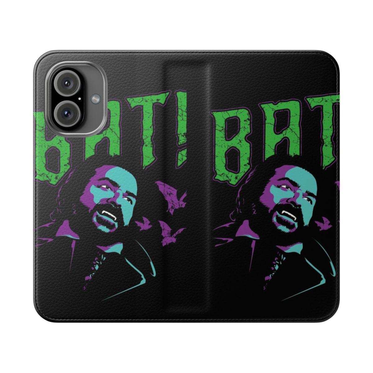 Flip cover phone case with a vampire bat design