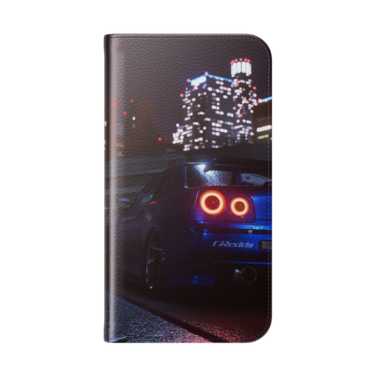 Phone case featuring the iconic Nissan Skyline R34 sports car design - Folded Back