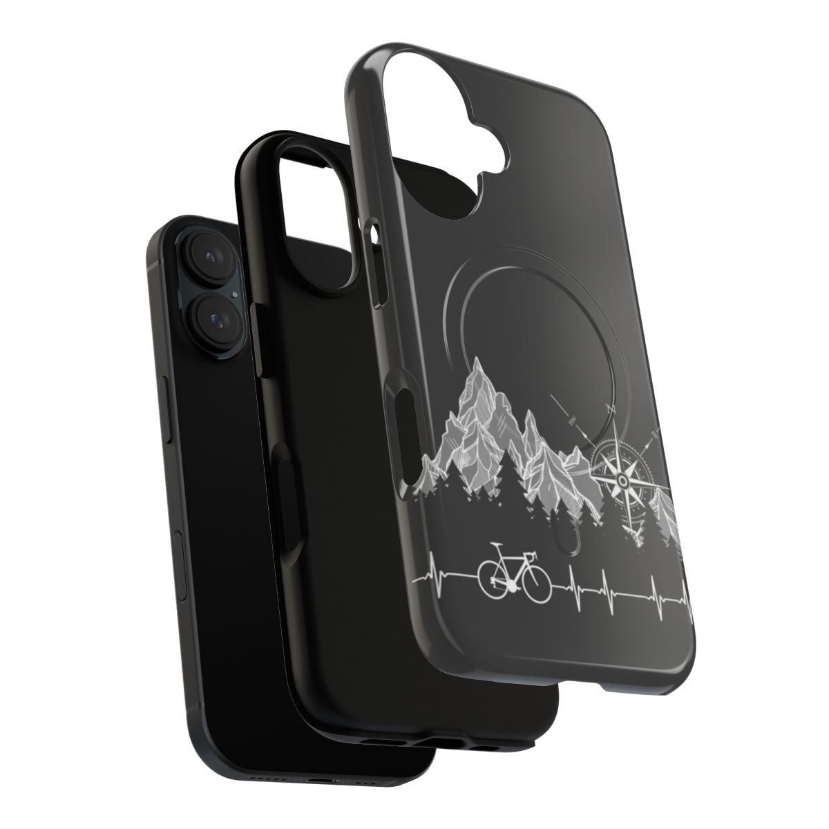 Durable, magnetic cycling-inspired phone case with icons like heartbeat, bike, mountains, and compass. - Layers