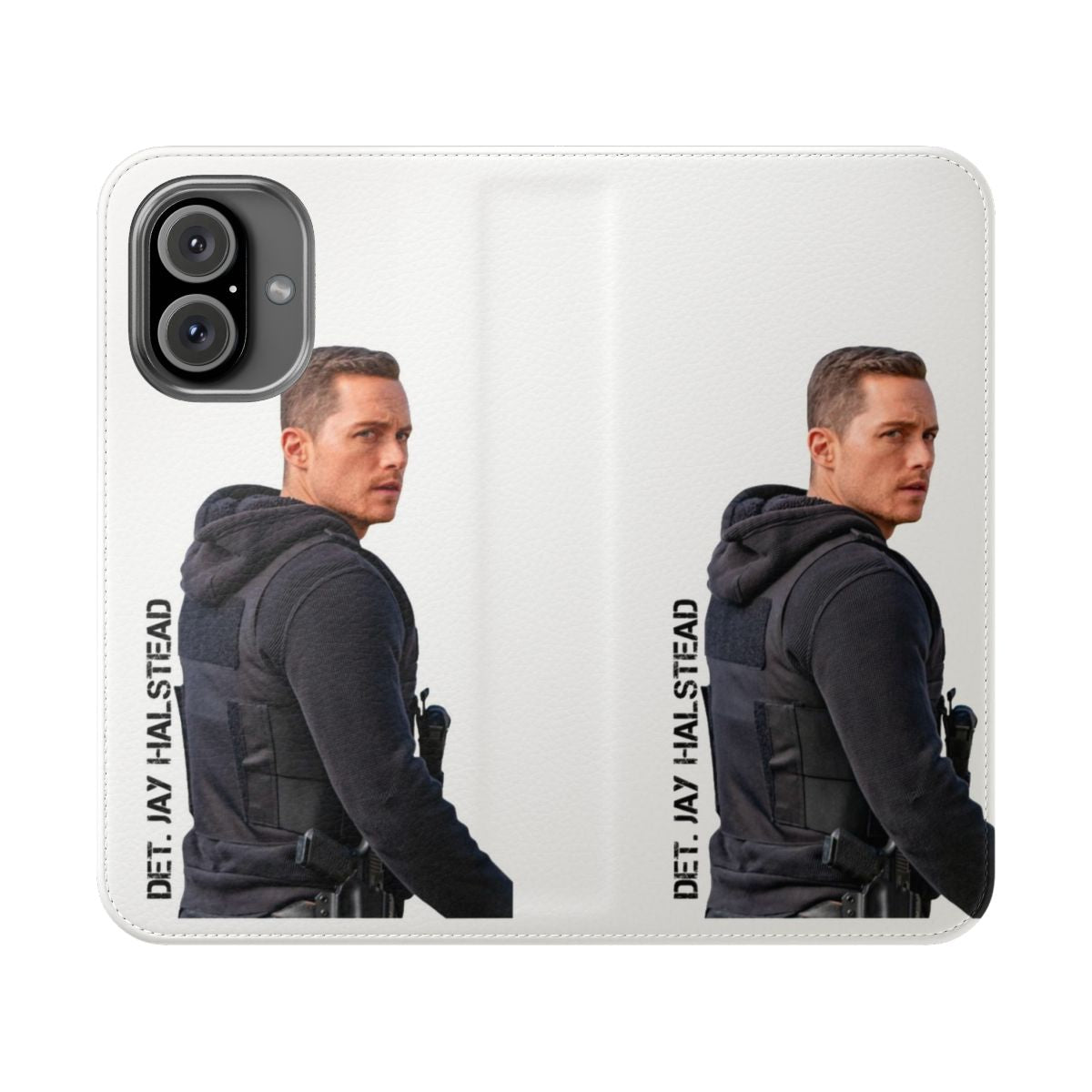 Flip cover phone case with a design inspired by the Chicago P.D. TV show and character Jay Halstead, played by Jesse Lee Soffer.