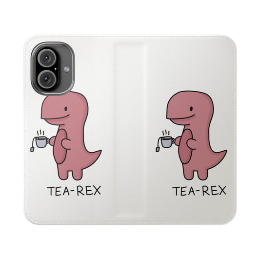 Illustration of a T-Rex dinosaur drinking tea on a flip phone case