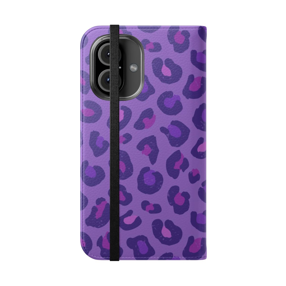 Vibrant leopard print flip cover phone case in purple and dusty pink tones. - Folded Front