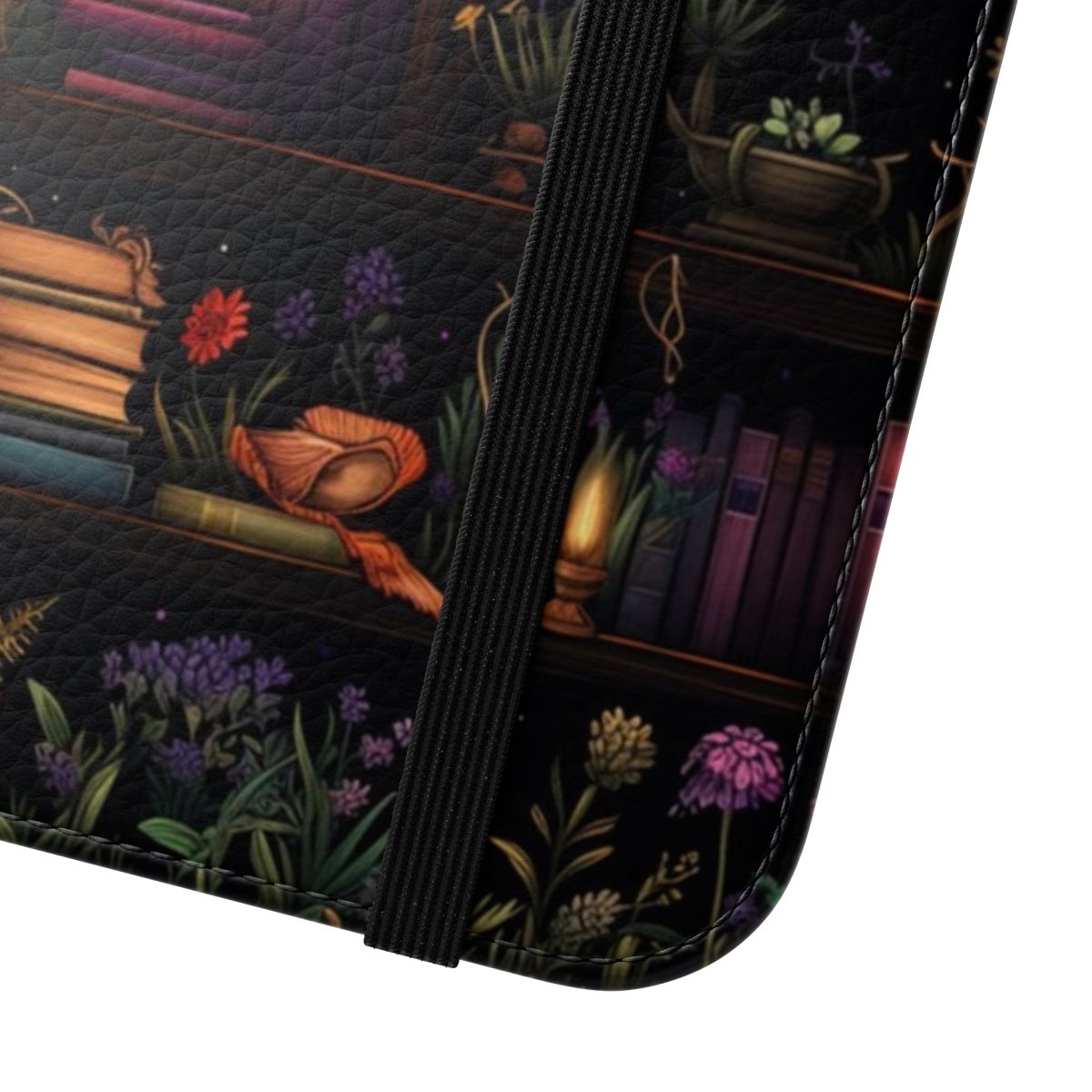 A dark and whimsical phone case featuring a bookshelf design with a witchy vibe. - Close Up