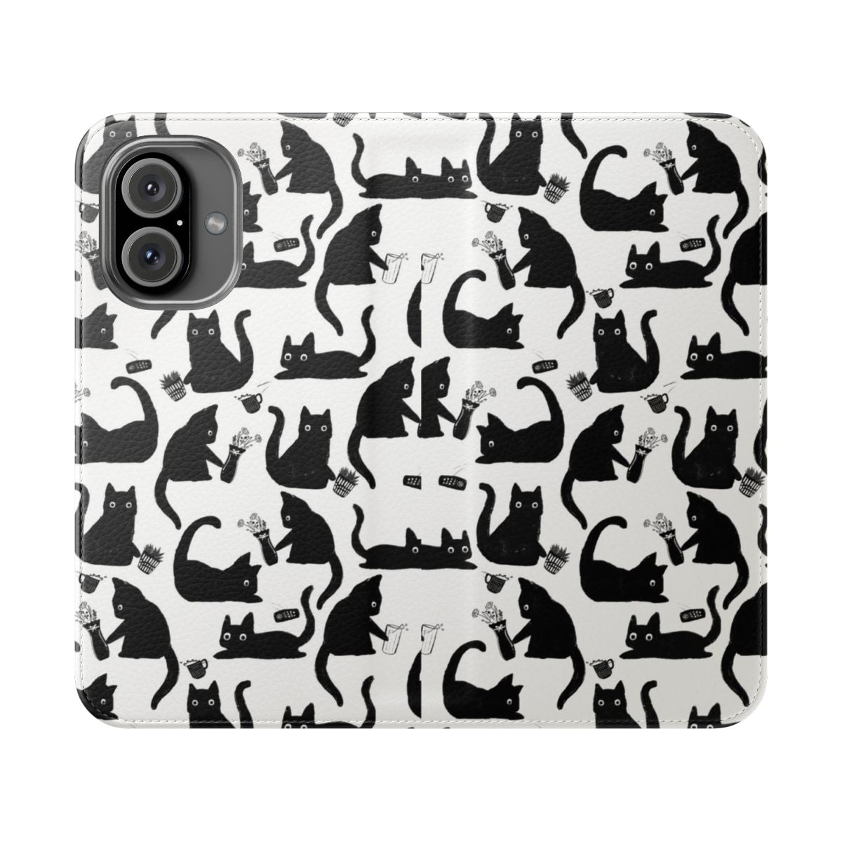 A flip cover phone case featuring a hand-drawn pattern of adorable, mischievous cats knocking things over.