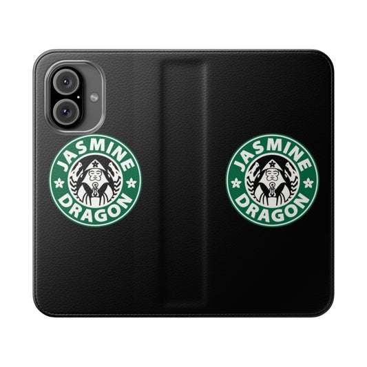 Cartoon-style flip cover phone case with a dragon design and avatar-like imagery