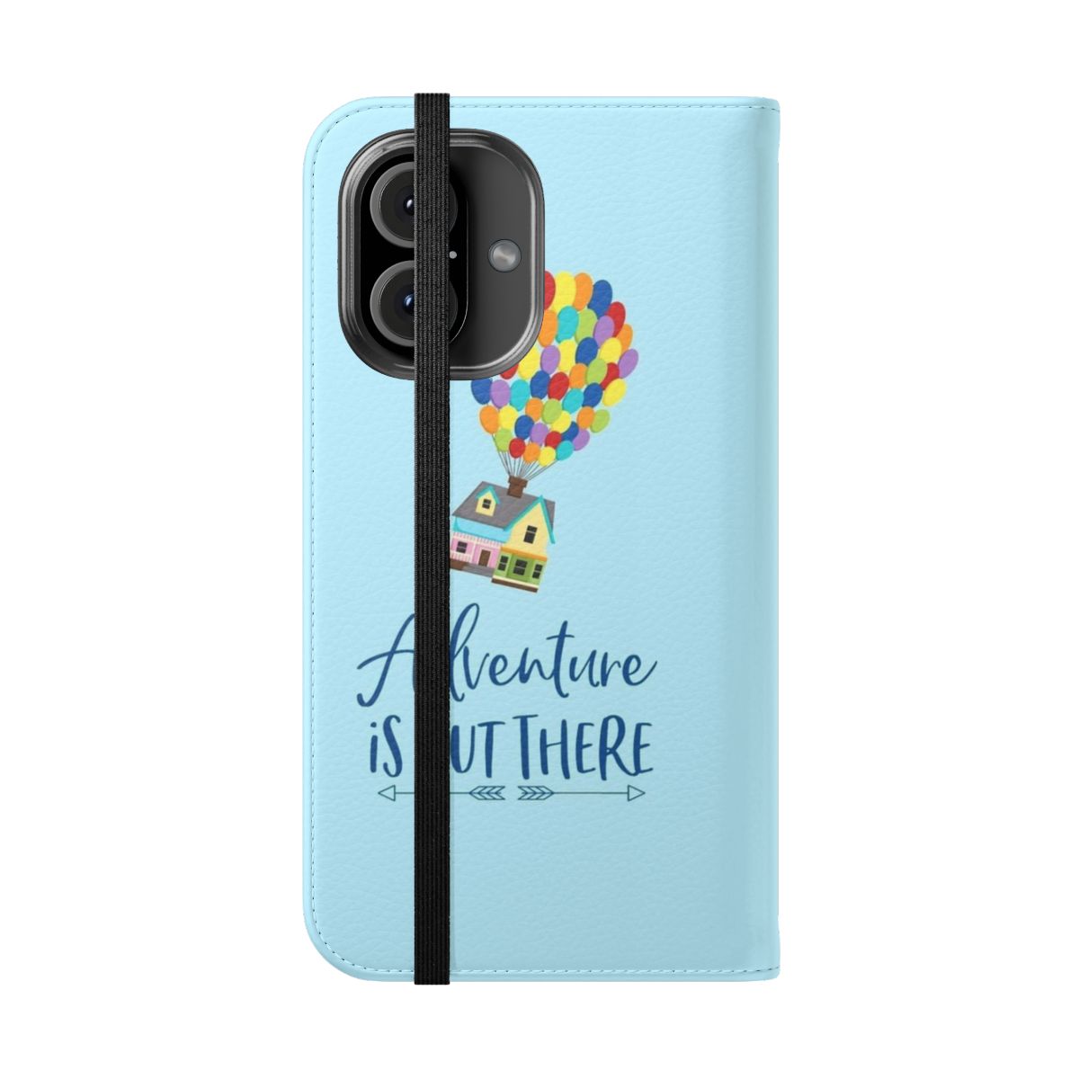 Flip phone case with Up movie-inspired design featuring the Pixar film's "Adventure is Out There" quote and wilderness explorer elements. - Folded Front