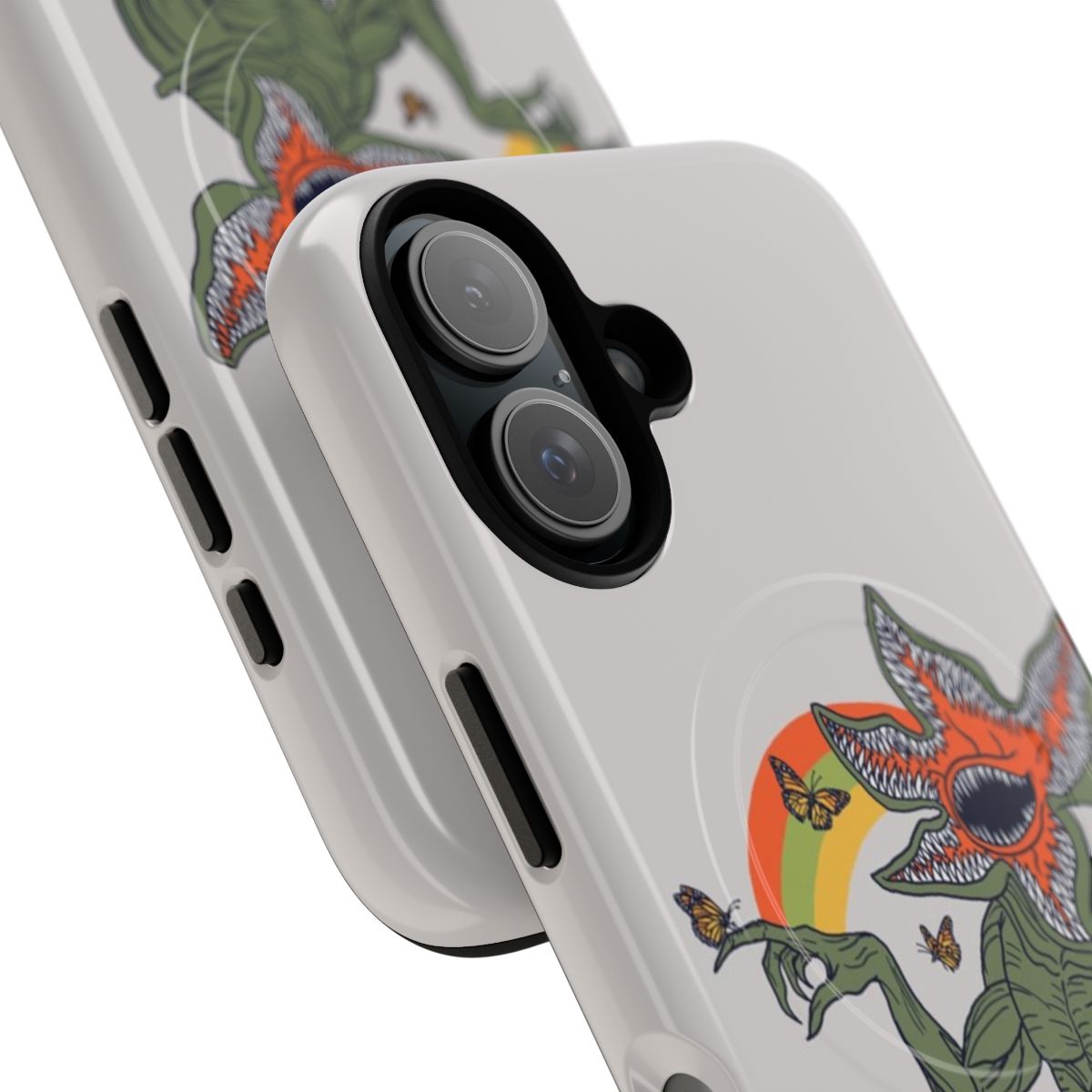 Retro-style phone case with a detailed floral and monster design - Detail