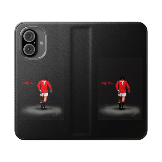 Flip cover phone case featuring a digital drawing of the legendary George Best, a former Manchester United football player.