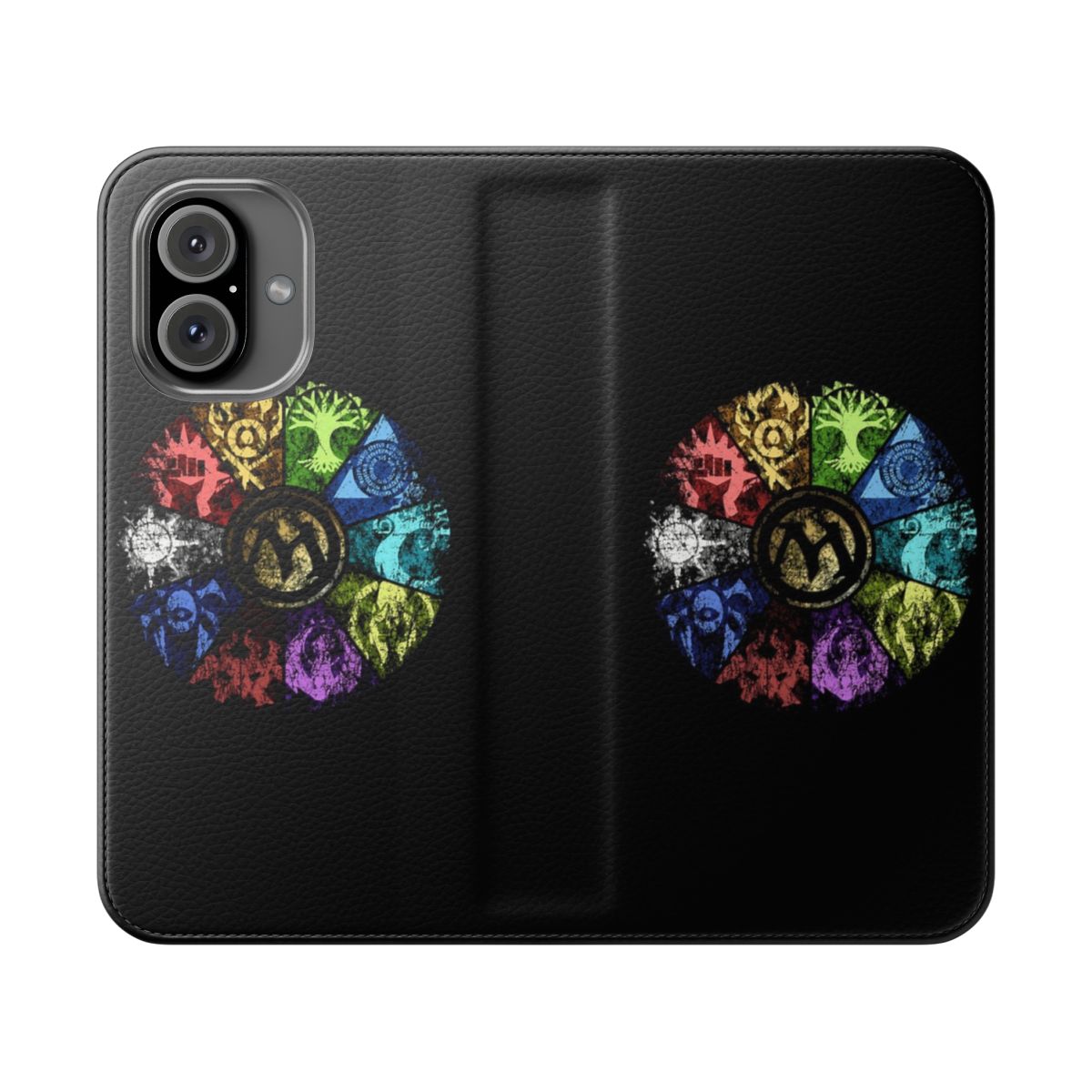 A flip cover phone case featuring a faded, stylized design inspired by the guilds and mana symbols of the Magic: The Gathering trading card game.