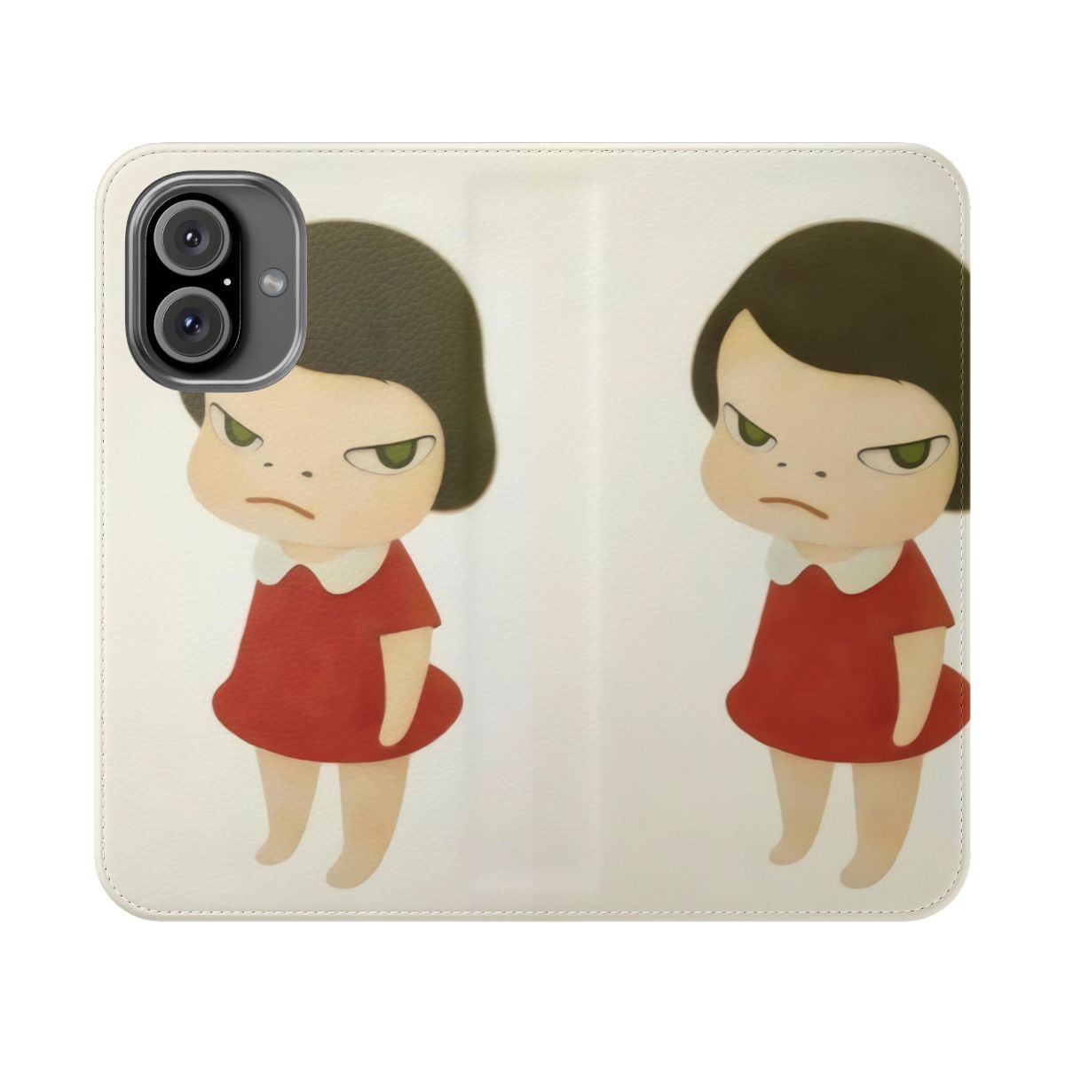 Artistic flip cover phone case with a cute girl in a red dress, inspired by the artwork of Yoshitomo Nara.