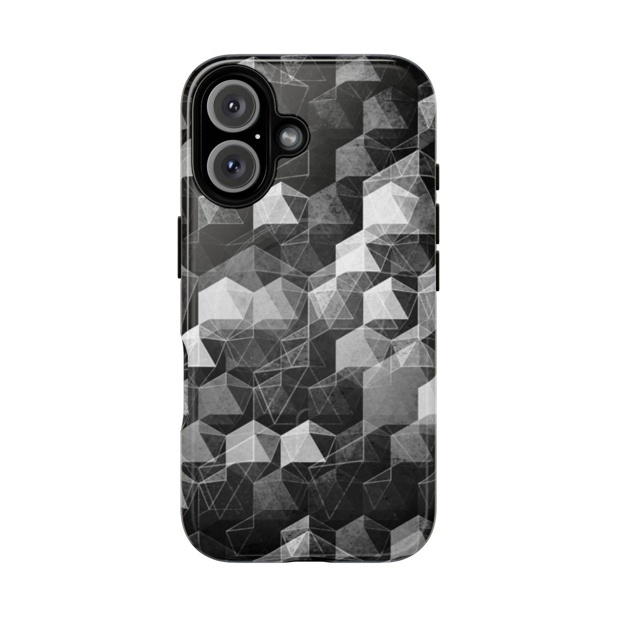 A monochrome phone case with a geometric hexagonal pattern, creating a sleek and stylish design.