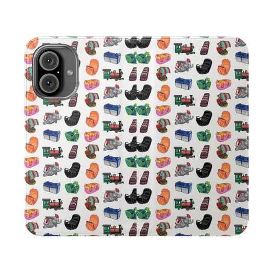 Flip cover phone case featuring designs inspired by popular Disney theme park rides like Jungle Cruise, Spaceship Earth, and Expedition Everest.