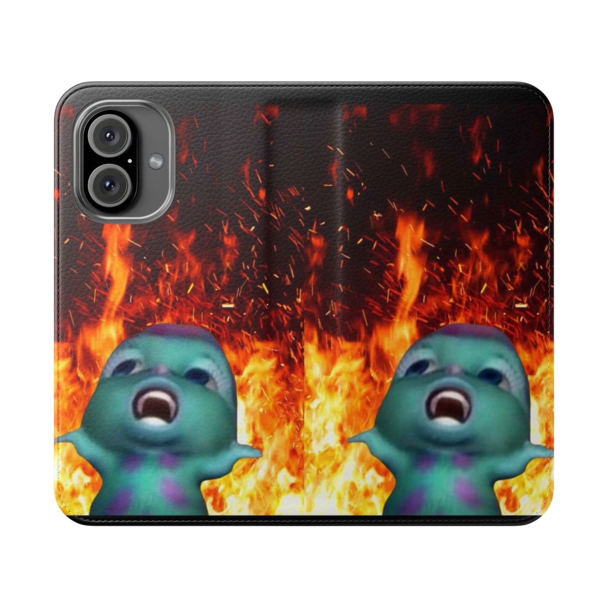 "Vibrant flip cover phone case featuring the 'Bibble on Fire' meme design"