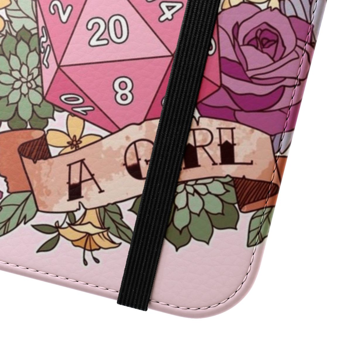 A fantasy-themed flip cover phone case with dice and roleplaying game elements. - Close Up