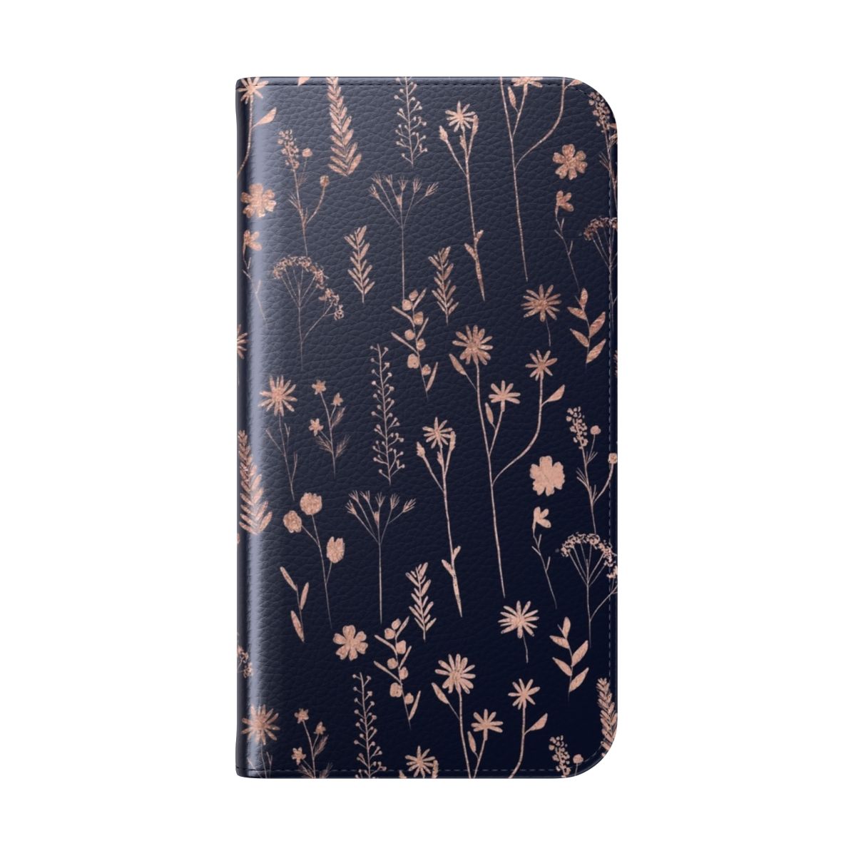 Floral hand drawn navy blue phone case with rose gold accents and dried pressed flowers - Folded Back