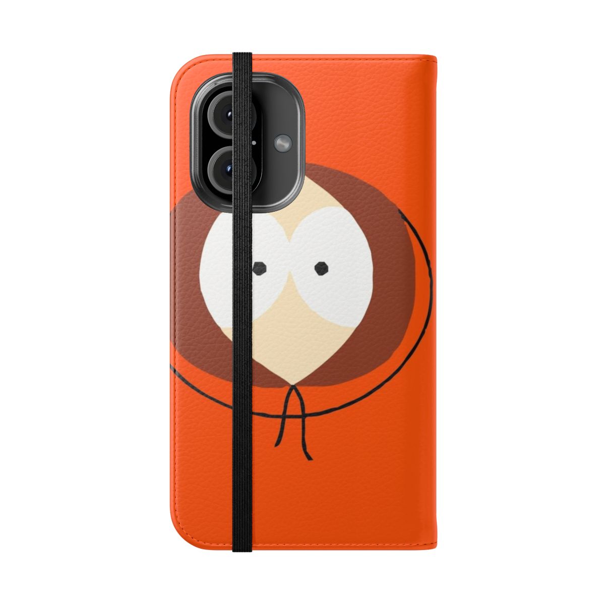 Vibrant flip cover phone case with a playful cartoon design of the character Kenny Mccormick from the popular TV show South Park. - Folded Front