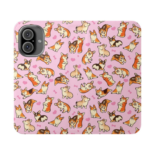 A pink phone case featuring a cute pattern of Pembroke Welsh Corgis.