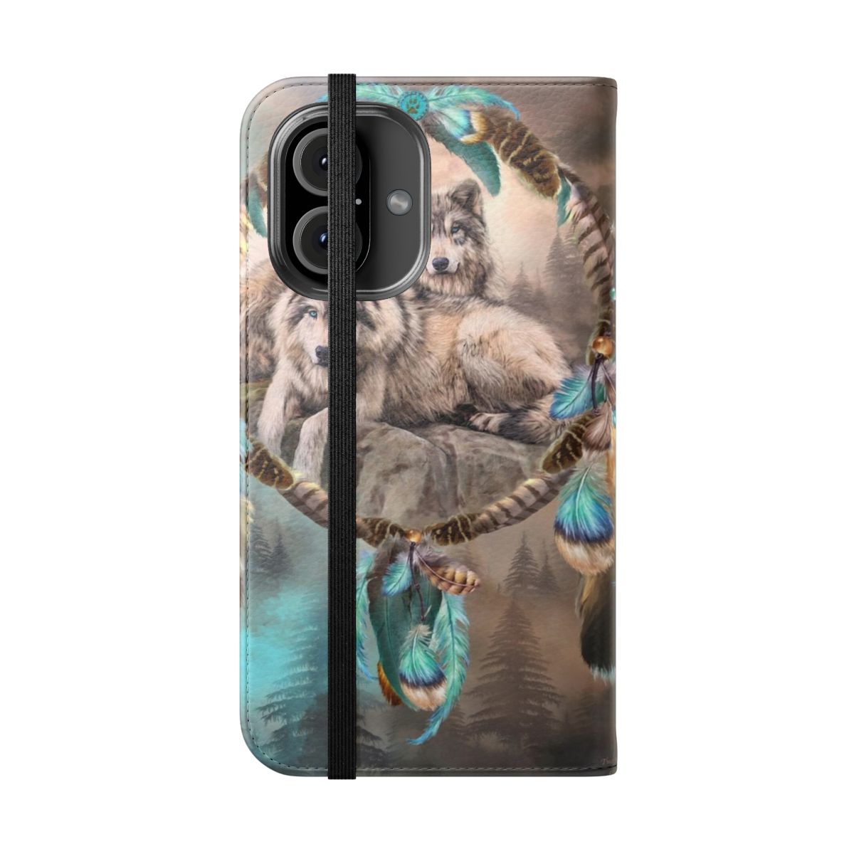 Flip cover phone case featuring a dreamcatcher design with two wolves together - Folded Front