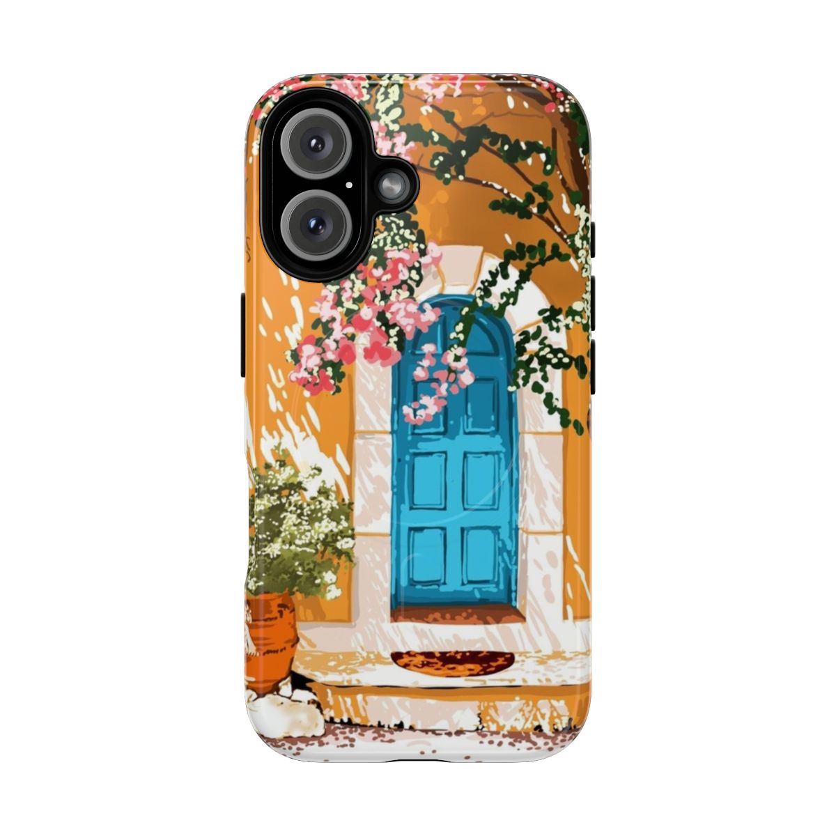 Boho summer travel phone case featuring spanish villa architecture and bougainvillea flowers