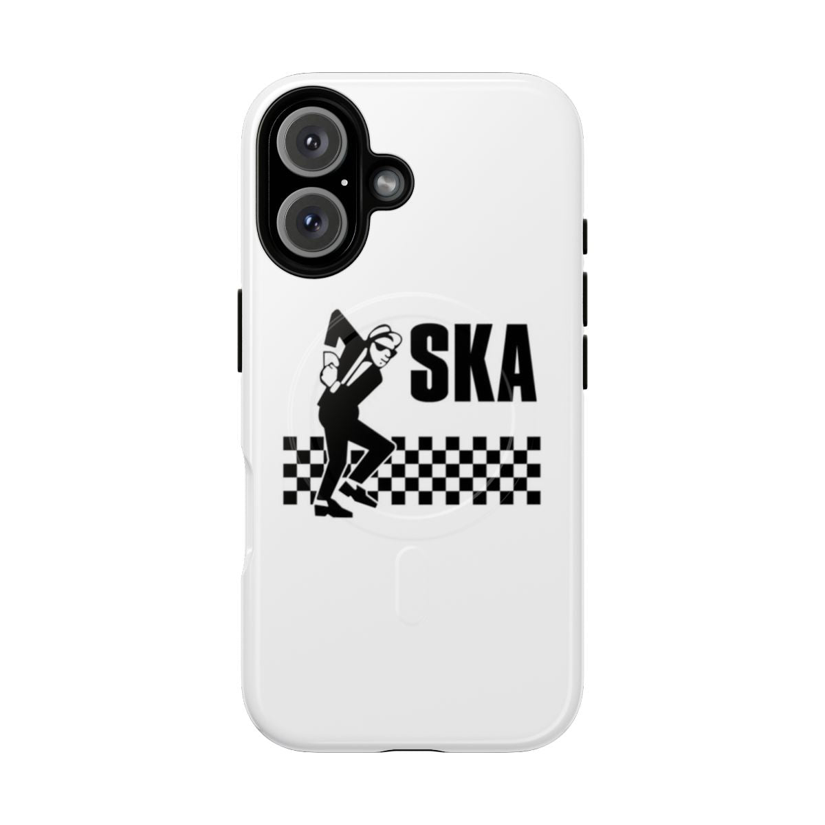 Colorful, two-tone phone case with a dancing figure, inspired by Jamaican ska music