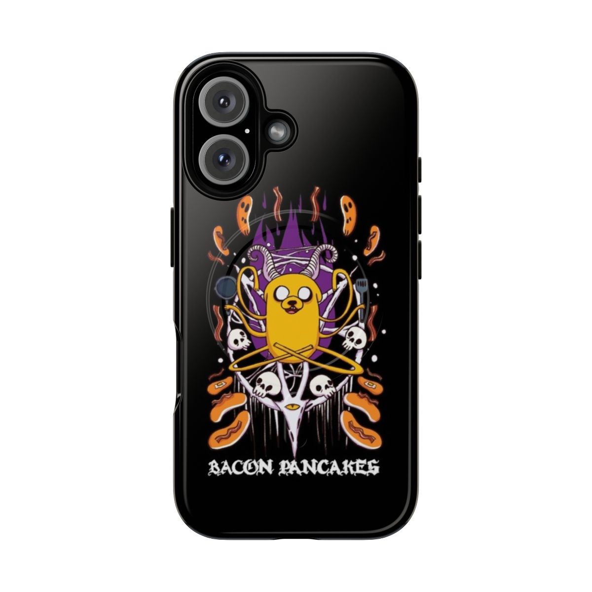 Sleek black phone case with bacon pancakes and occult symbols, perfect for Adventure Time enthusiasts