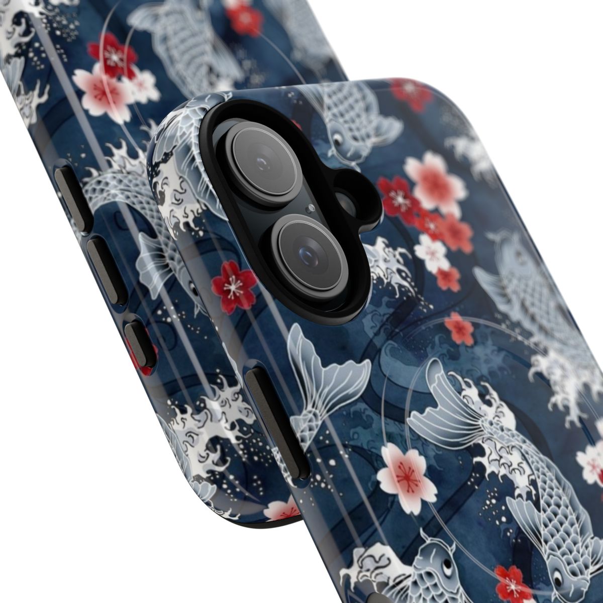 Magnetic tough phone case featuring a watercolor design of blue koi fish and sakura blossoms - Detail