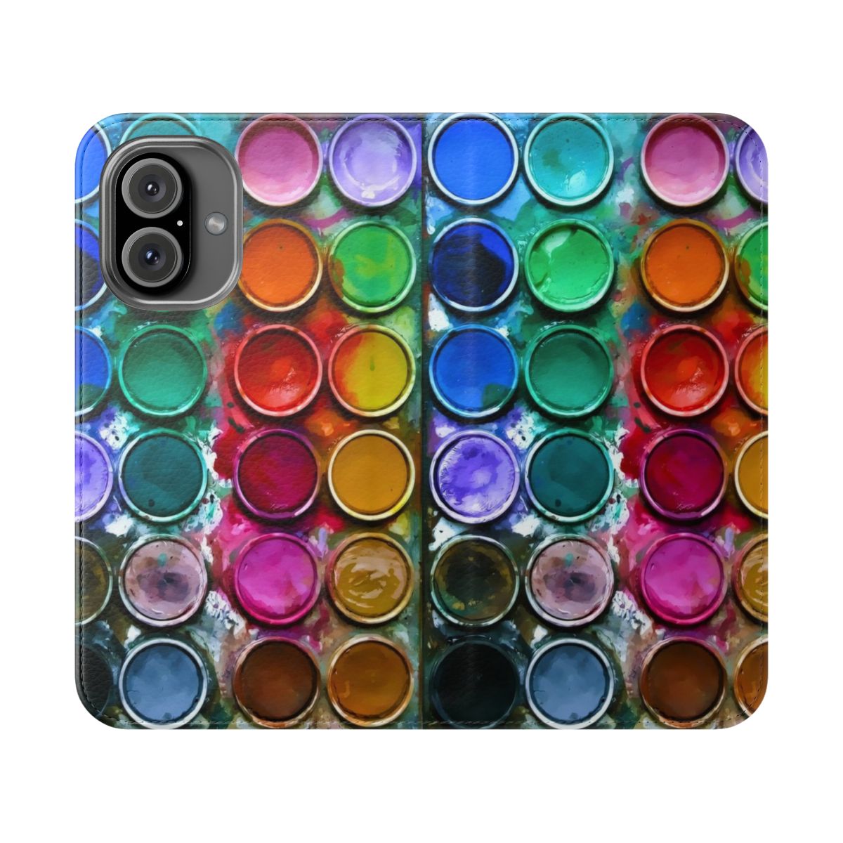 Colorful abstract paint box design on a flip phone case cover