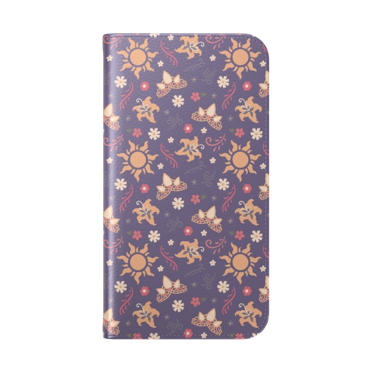 A flip phone case featuring an enchanted princess dream kingdom design with a crown, tiara, lanterns, and flowers. - Folded Back