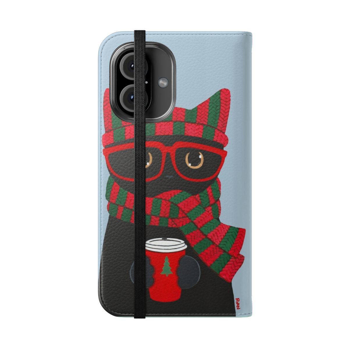 A stylish black cat holding a coffee mug printed on a flip cover phone case - Folded Front