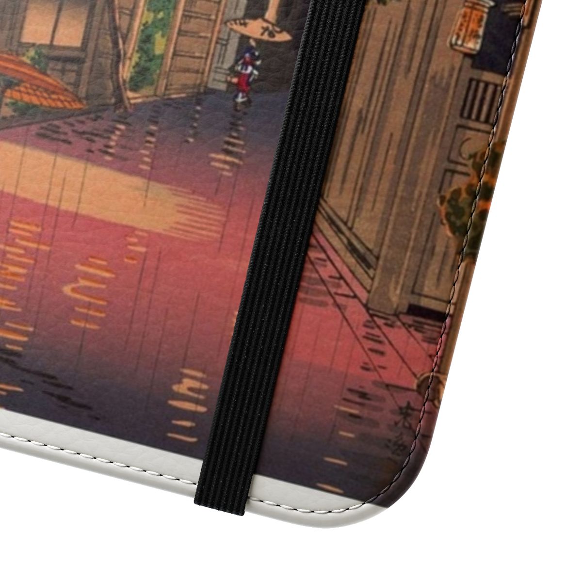 Flip cover phone case with a night street rain scene inspired by Japanese and Asian art - Close Up