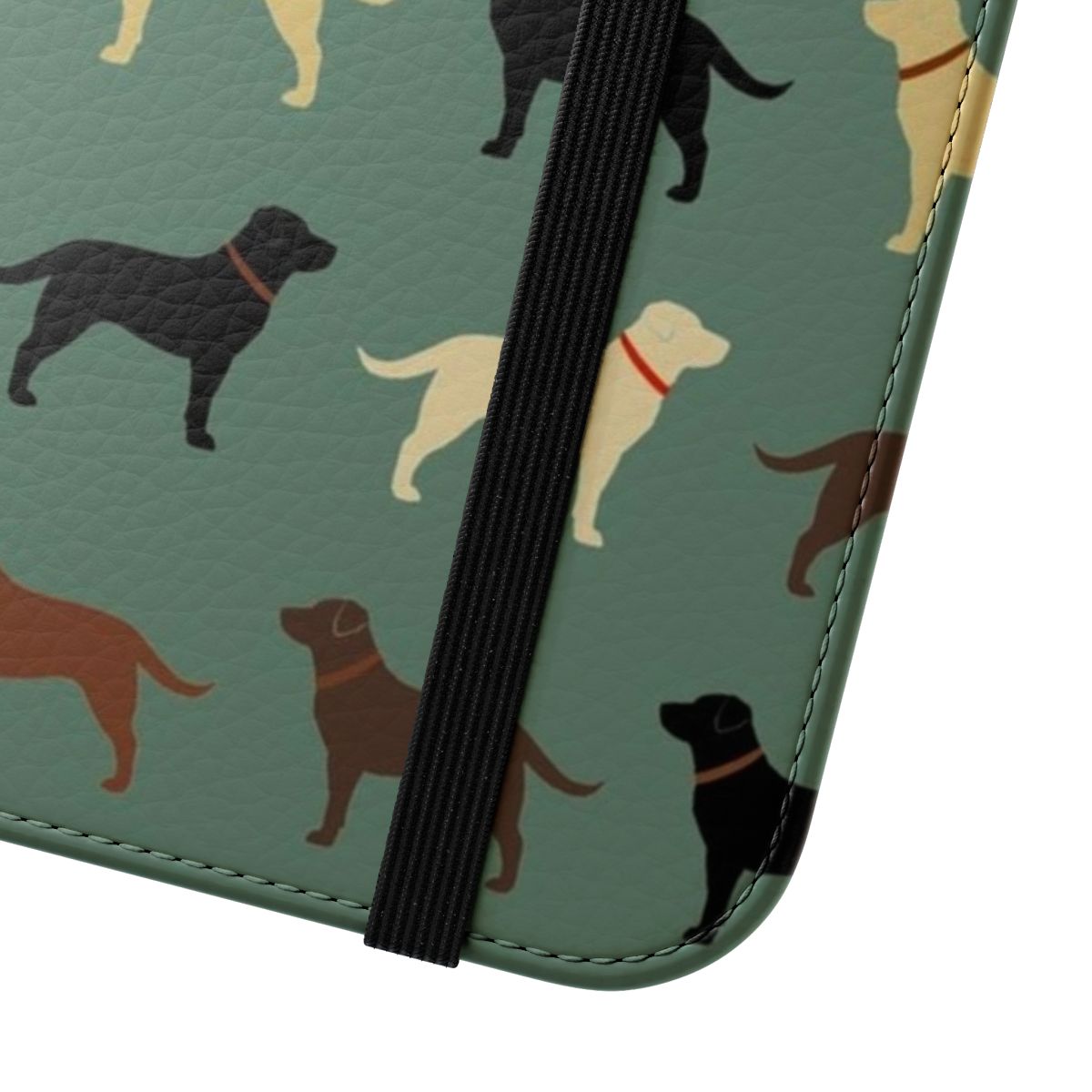 Flip cover phone case featuring a pattern of Labrador Retriever dog silhouettes in various colors including chocolate, yellow, red, and black. - Close Up