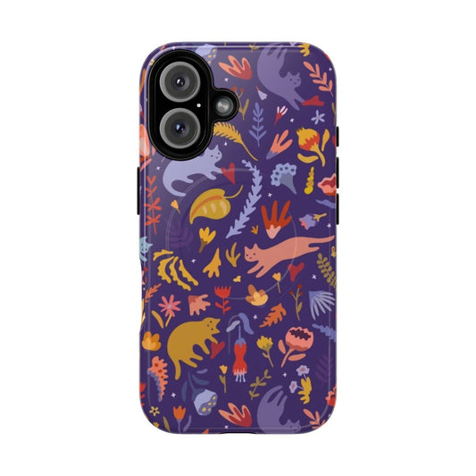 Colorful phone case featuring cute cartoon cats in a magical botanical garden