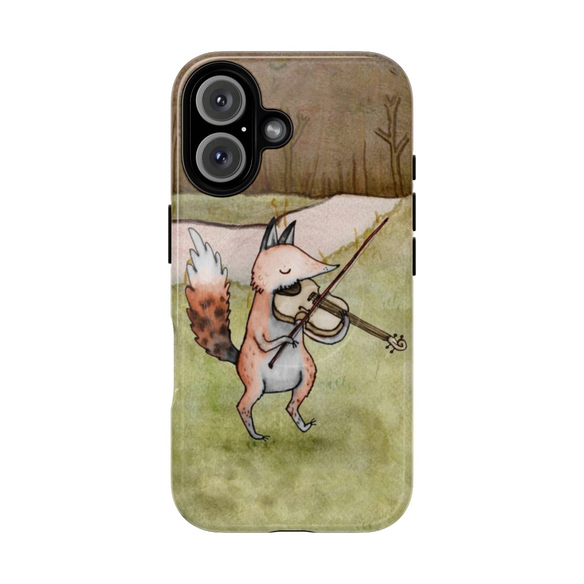 A protective phone case featuring a cute fox playing a violin, designed for music and animal lovers.