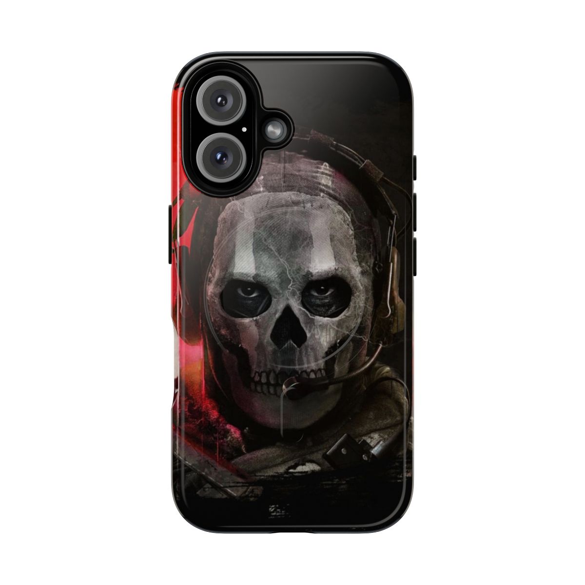 A rugged phone case with a military-inspired ghost design, perfect for fans of Call of Duty and other modern warfare games.