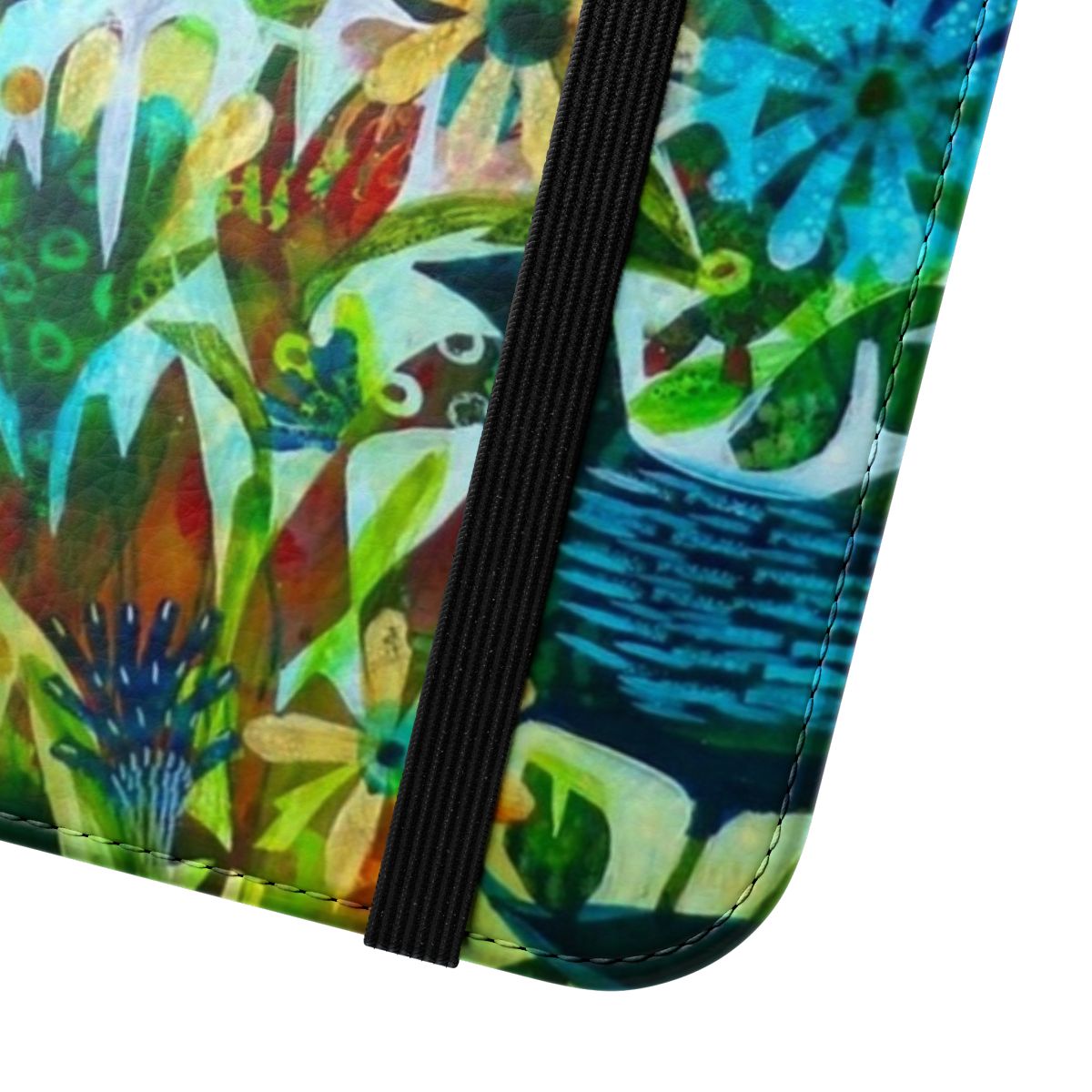 Vibrant and colorful flip cover phone case featuring a floral design by artist Este MacLeod - Close Up