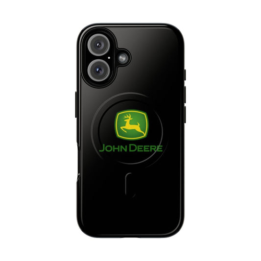 A green magnetic tough phone case with a tractor design, perfect for farmers and nature enthusiasts.