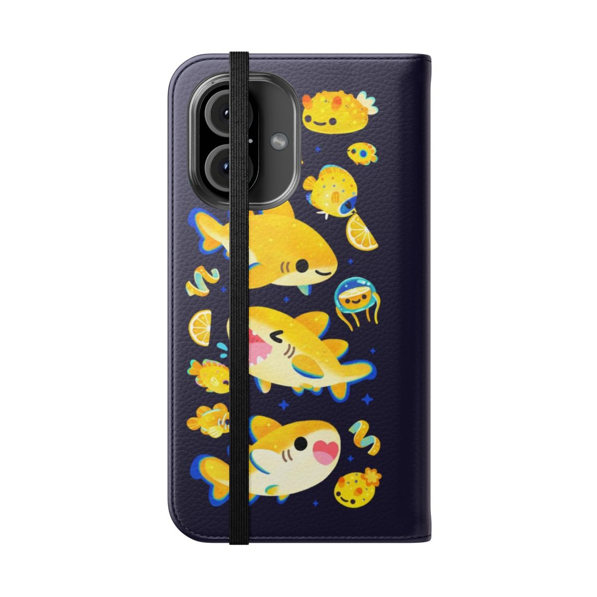 Lemon shark and friends design on a dark-colored phone case - Folded Front