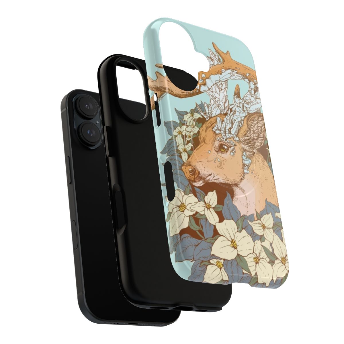 A phone case featuring a non-typical blue quartz buck design against a nature backdrop with trillium flowers. - Layers