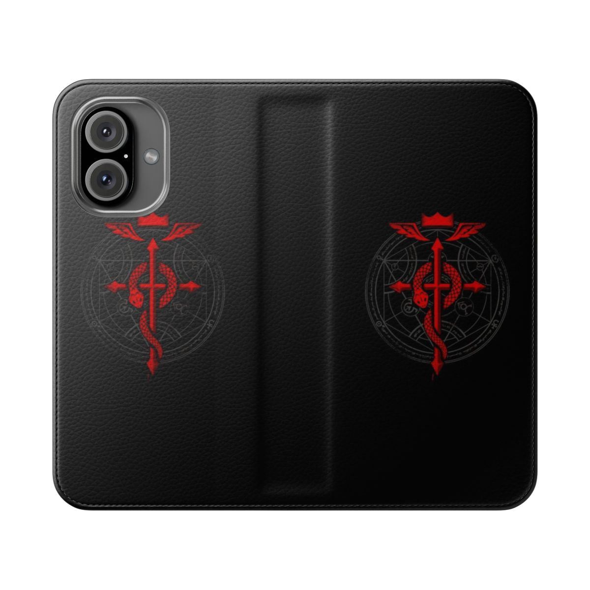 Alchemist-inspired flip phone case with Flamel cross and alchemy symbols