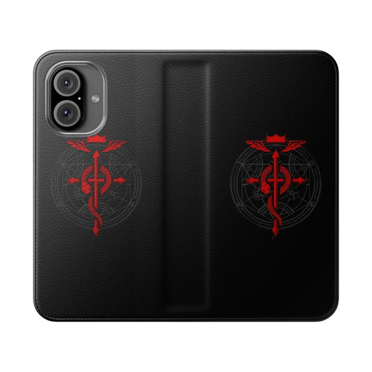 Alchemist-inspired flip phone case with Flamel cross and alchemy symbols