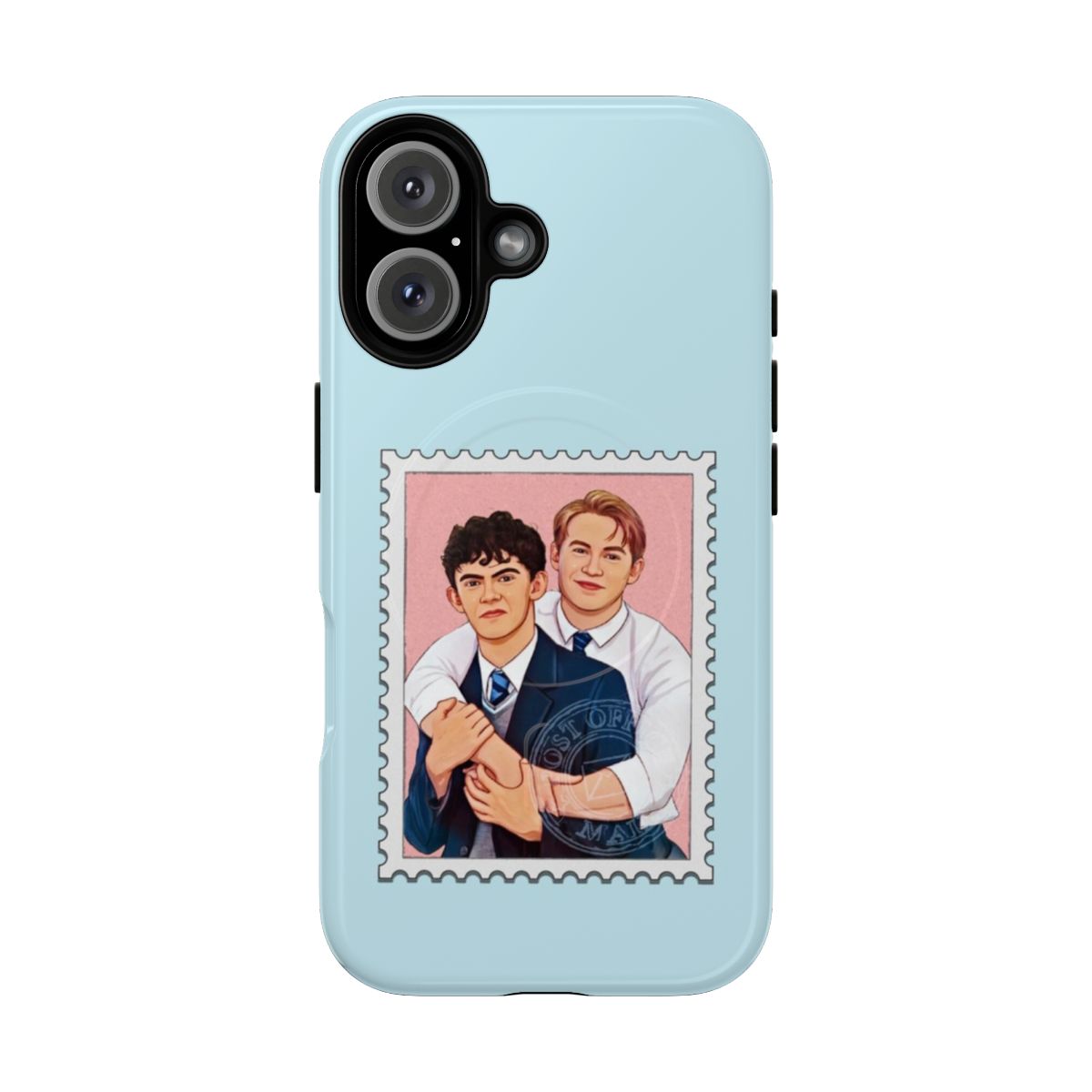 Heartstopper-inspired magnetic tough phone case with postage stamp design featuring the characters Nick Nelson and Charlie Spring