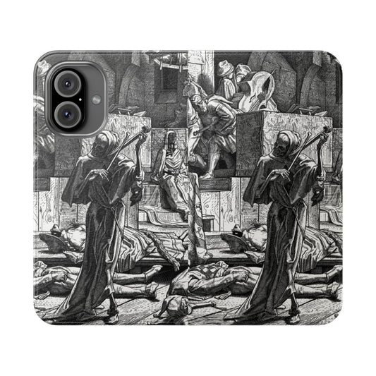 Close-up of a gothic-style phone case with a skeleton design