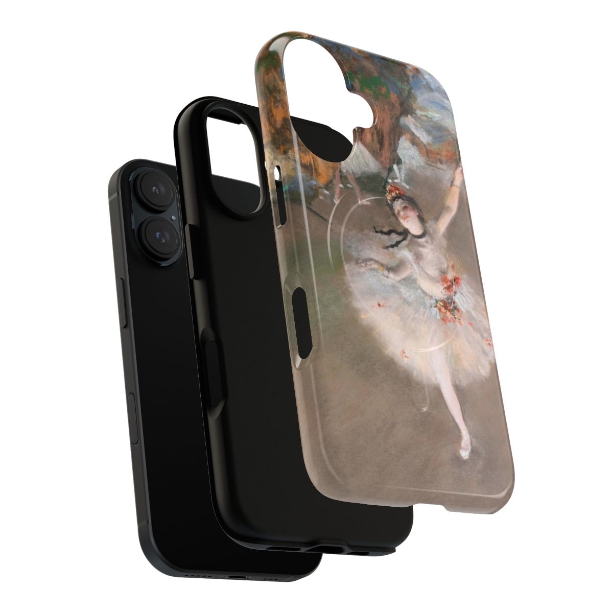 Vintage-style phone case featuring a ballerina on stage, inspired by the impressionist art of Edgar Degas. - Layers